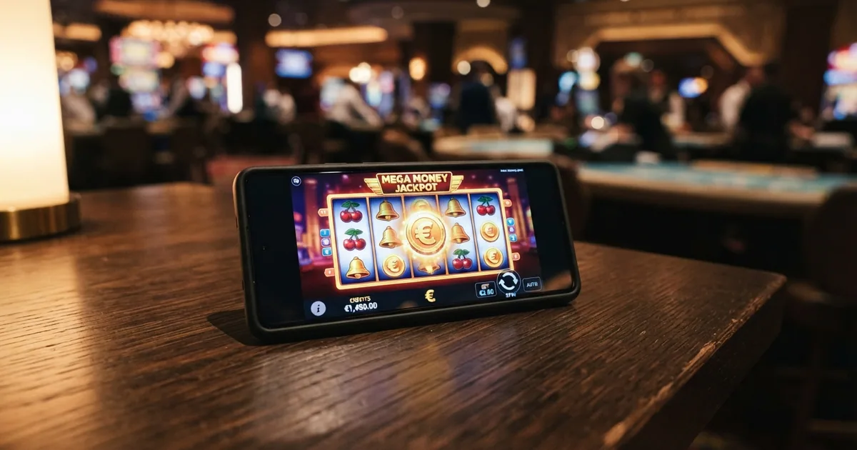 Mano sosteniendo un móvil con una tragaperras en pantalla sobre un fondo difuminado de casino online