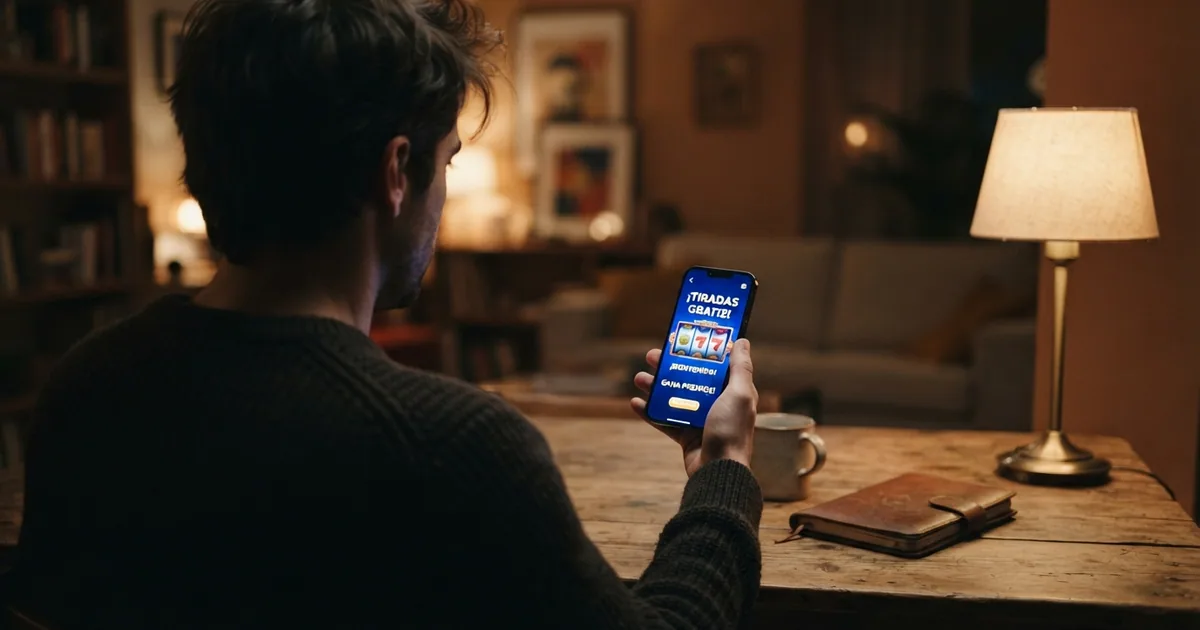Mano sosteniendo un móvil con una tragaperra en pantalla y el texto «tiradas gratis» visible en la interfaz del casino