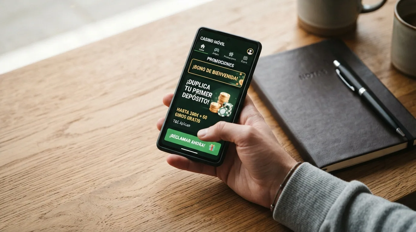 mano sosteniendo un móvil con la app de un casino español abierta en la sección de promociones de bienvenida