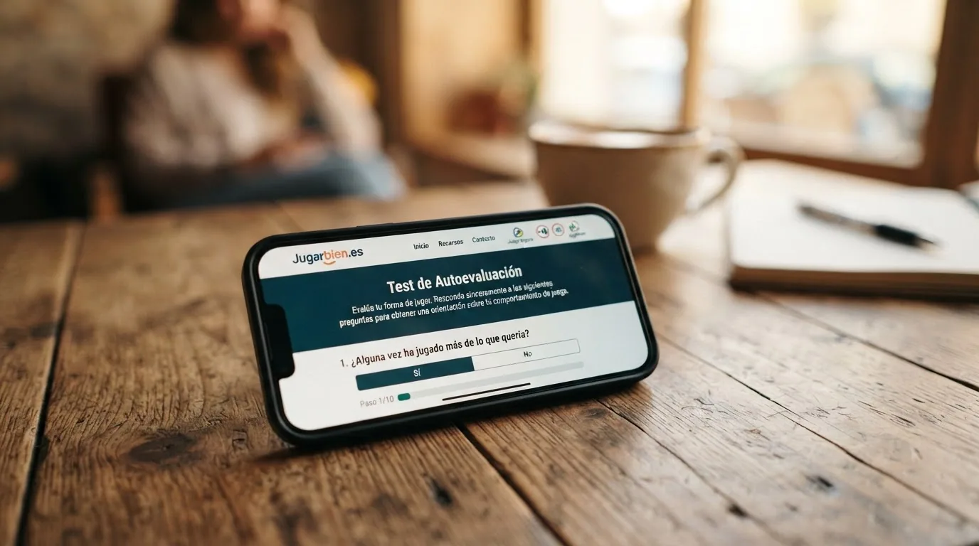 Un teléfono móvil mostrando la pantalla de inicio de Jugarbien.es con el test de autoevaluación visible