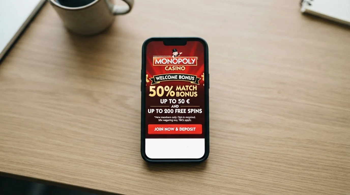 pantalla de la oferta de bienvenida con los términos del 50% hasta 50 € y las tiradas gratis