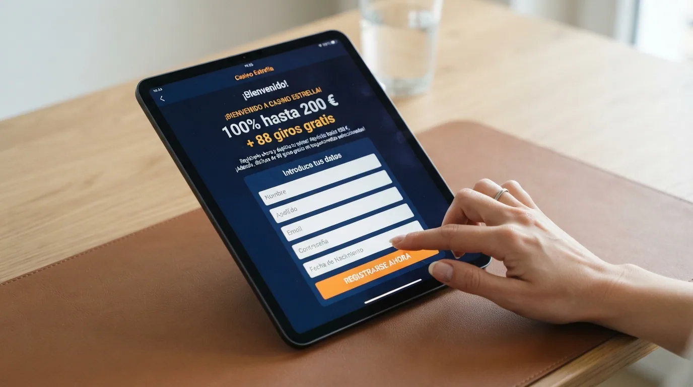 Pantalla de registro de un casino con la oferta de bono de bienvenida destacada