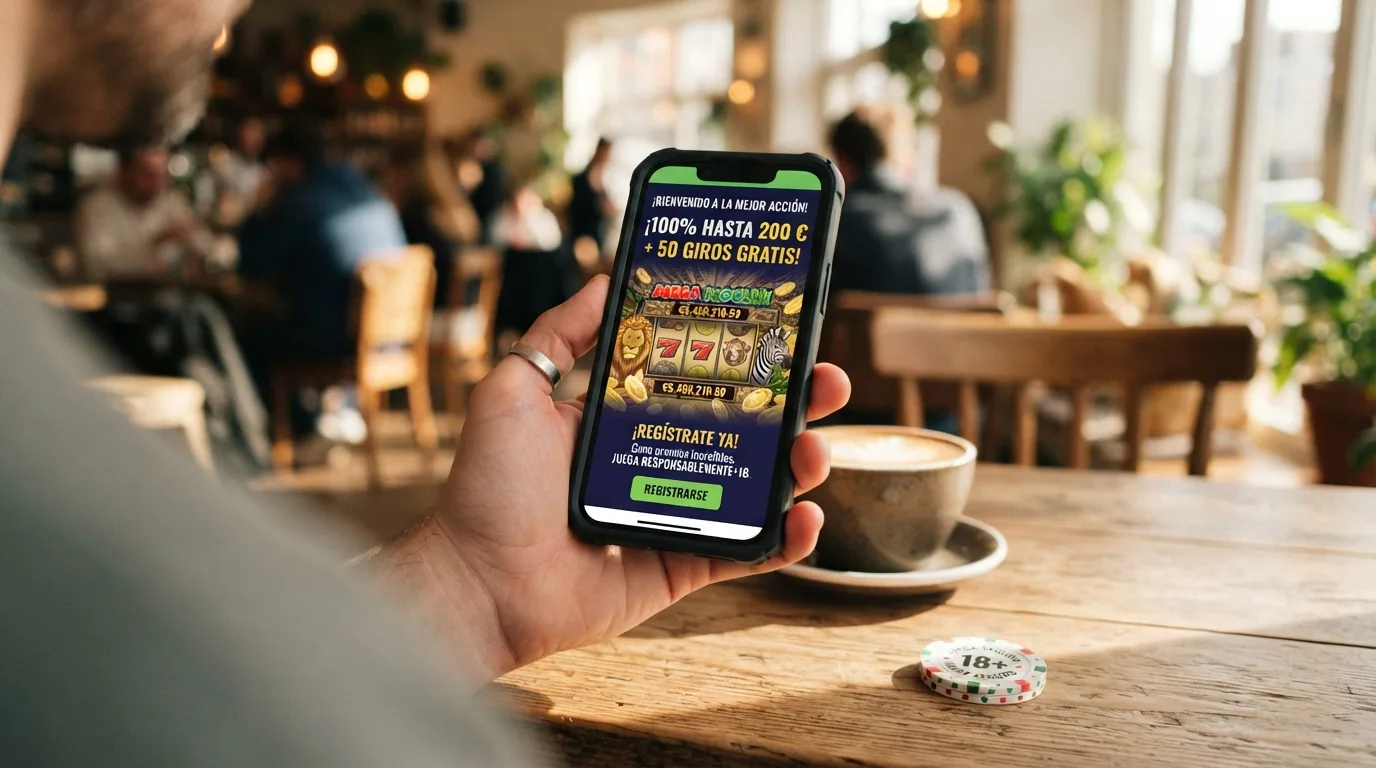 Pagina de promocion de bienvenida de un casino con licencia DGOJ mostrando la oferta de bono junto a Mega Moolah
