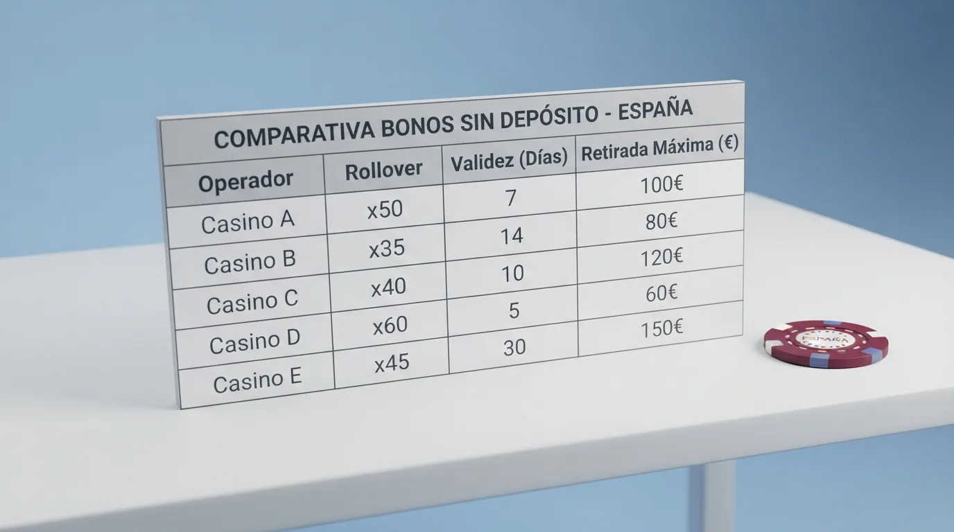 Tabla comparativa detallada con las condiciones de rollover y bonos sin depósito de los principales operadores.