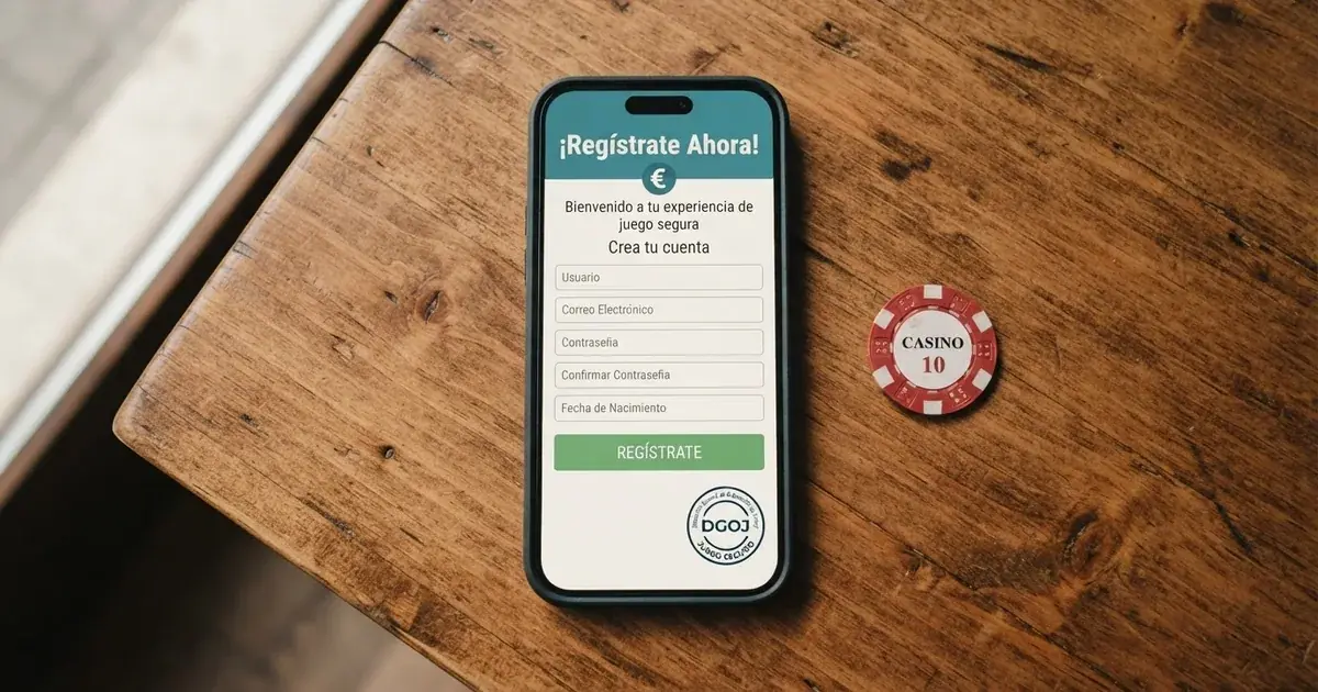 Pantalla de móvil mostrando una oferta de bono sin depósito en la página de registro de un casino español con el sello de licencia DGOJ visible