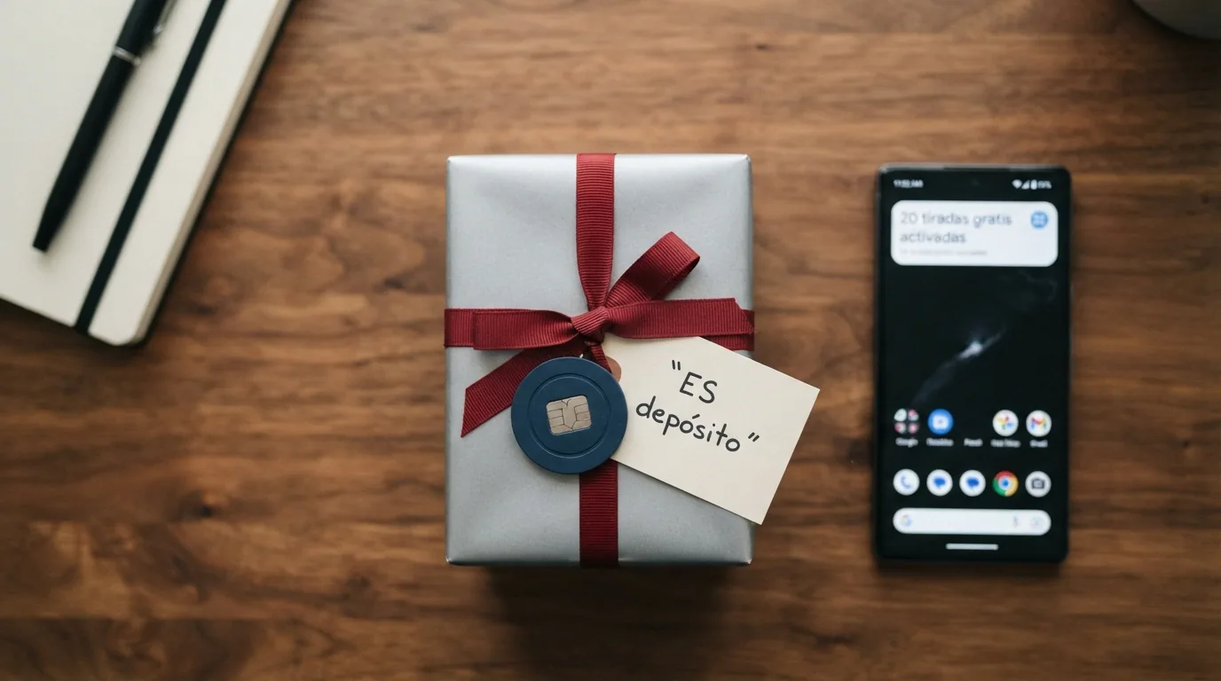 Un regalo de cumpleaños envuelto con una etiqueta que dice «sin depósito» junto a una pantalla mostrando tiradas gratis activas