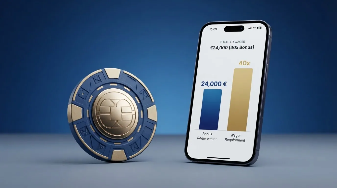 Un ejemplo visual de cálculo de rollover con cifras sobre una calculadora junto a una pantalla de casino