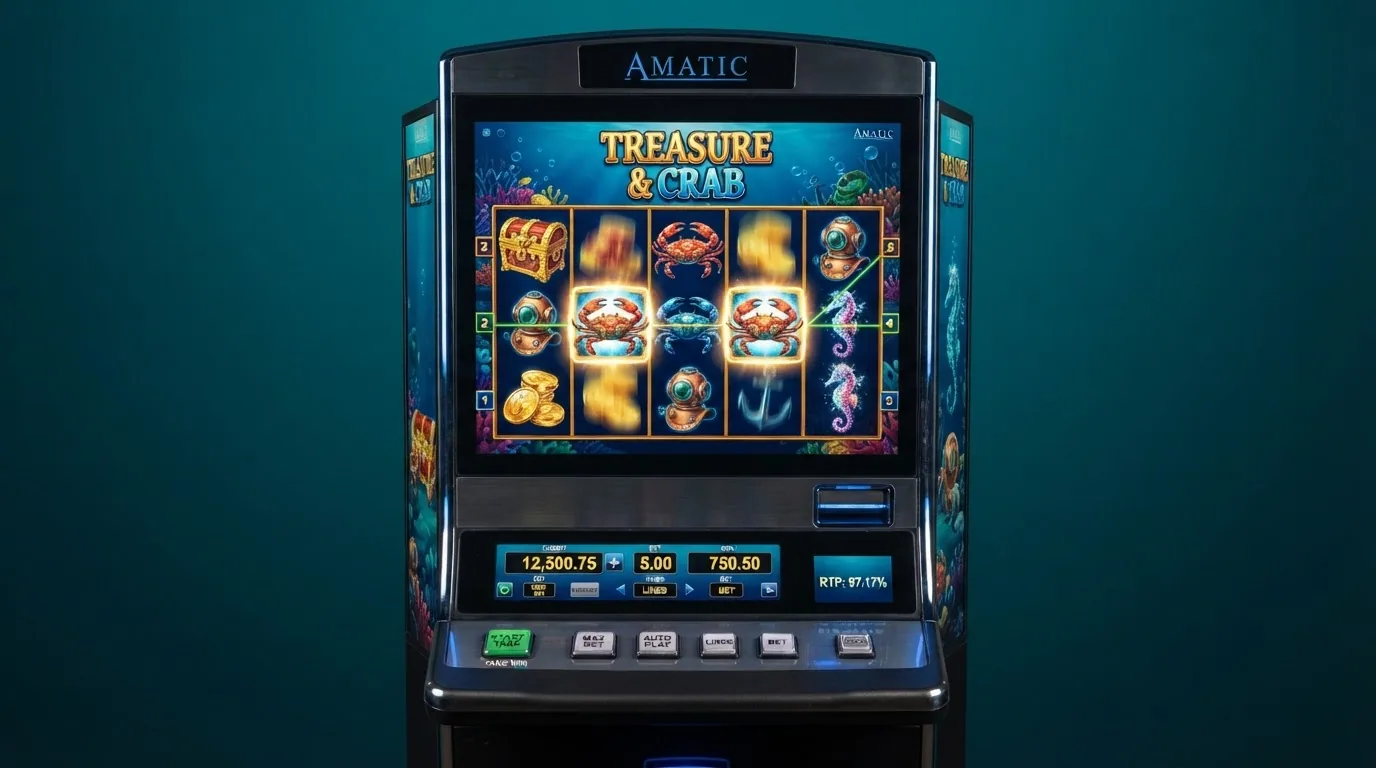 Pantalla de la tragamonedas Cash & Crab de Amatic con sus símbolos de cangrejo y la cuadrícula de juego