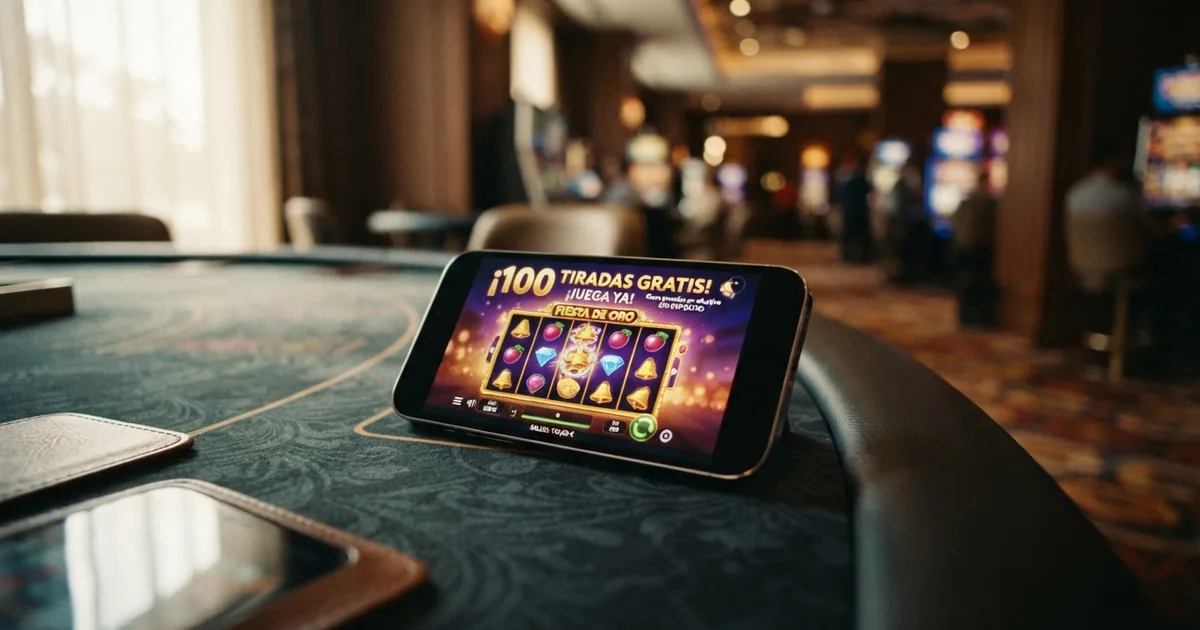 Un móvil mostrando una tragaperras online con el contador de giros gratis activado y el texto «100 tiradas gratis» en pantalla, sobre un fondo neutro de casino