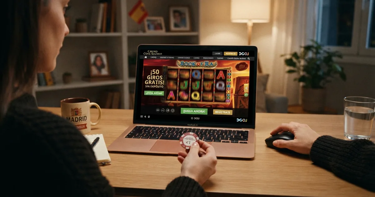 alt: un jugador consultando una oferta de tiradas gratis en la pantalla de un casino online con licencia española, en un escritorio doméstico