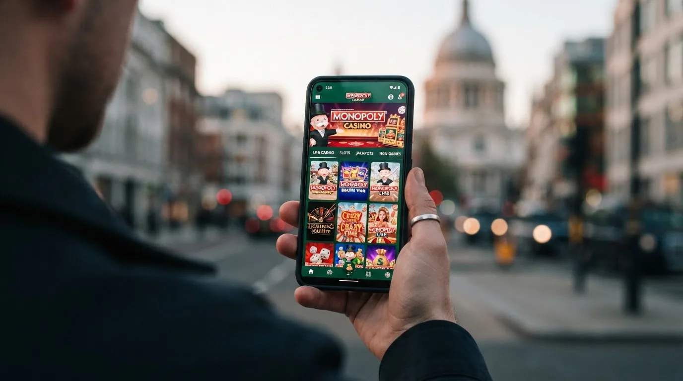 la app de Monopoly Casino abierta en un smartphone mostrando el lobby de juegos