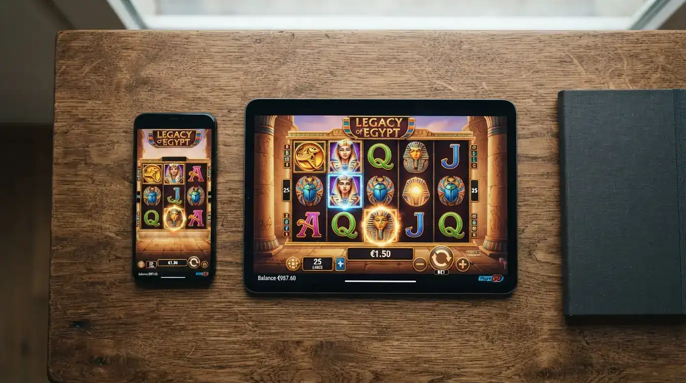 móvil y tablet mostrando la misma slot de Play'n GO en vertical y horizontal