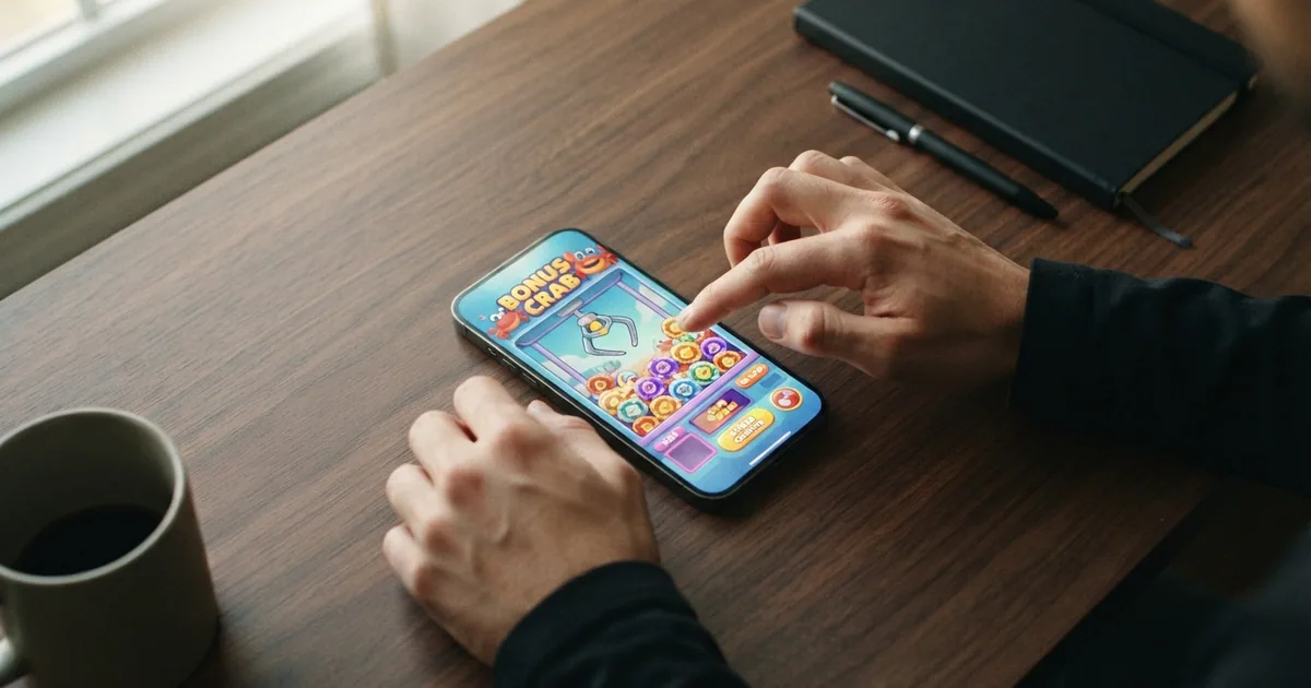 Mano accionando una garra virtual sobre premios en la interfaz de un casino online