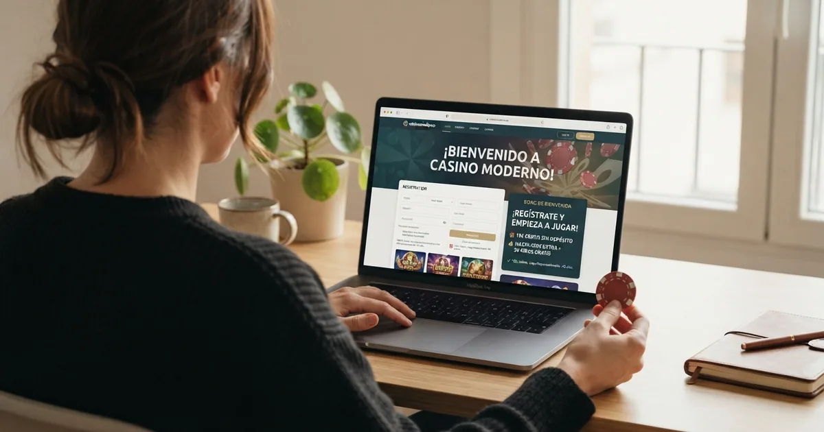jugador consultando las condiciones de un bono de bienvenida en la pantalla de un casino online español con el dominio .es visible