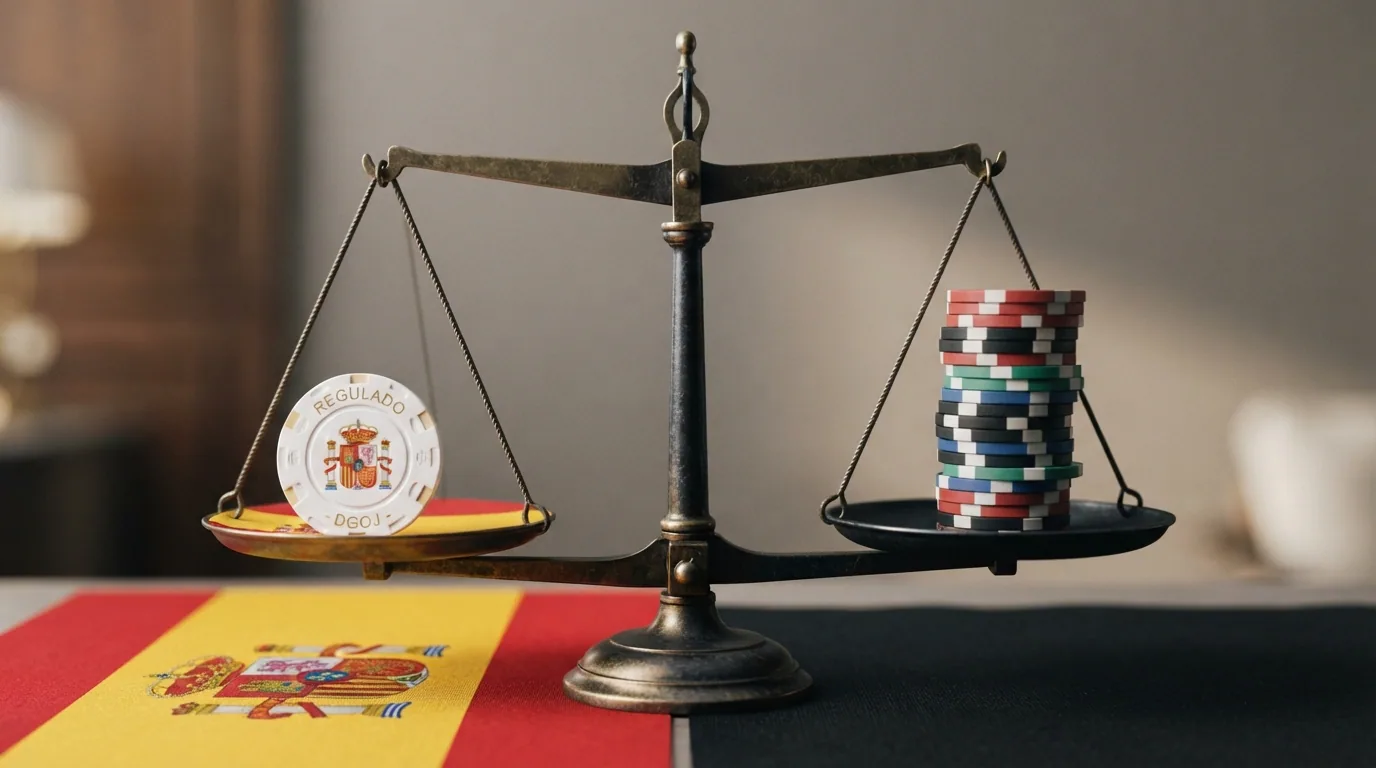 Una balanza simbólica que compara un casino con licencia DGOJ y dominio .es frente a uno sin licencia