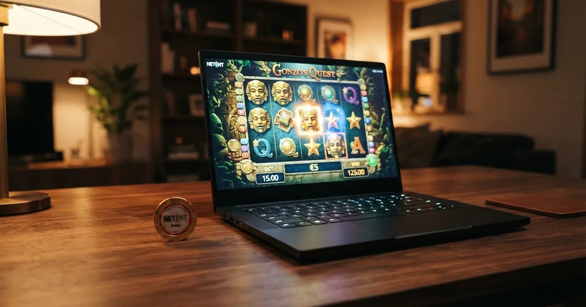 Logotipo de NetEnt sobre un fondo de lobby de casino con slots destacadas
