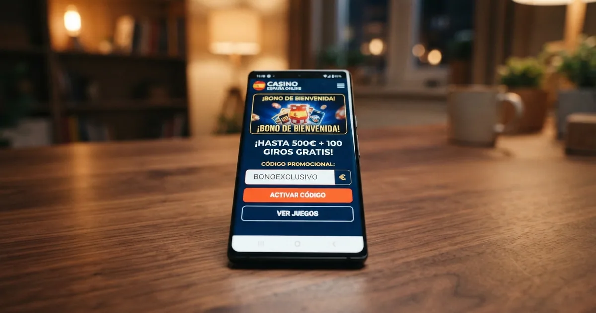 pantalla de casino online español con campo de canje de código promocional y promoción activa