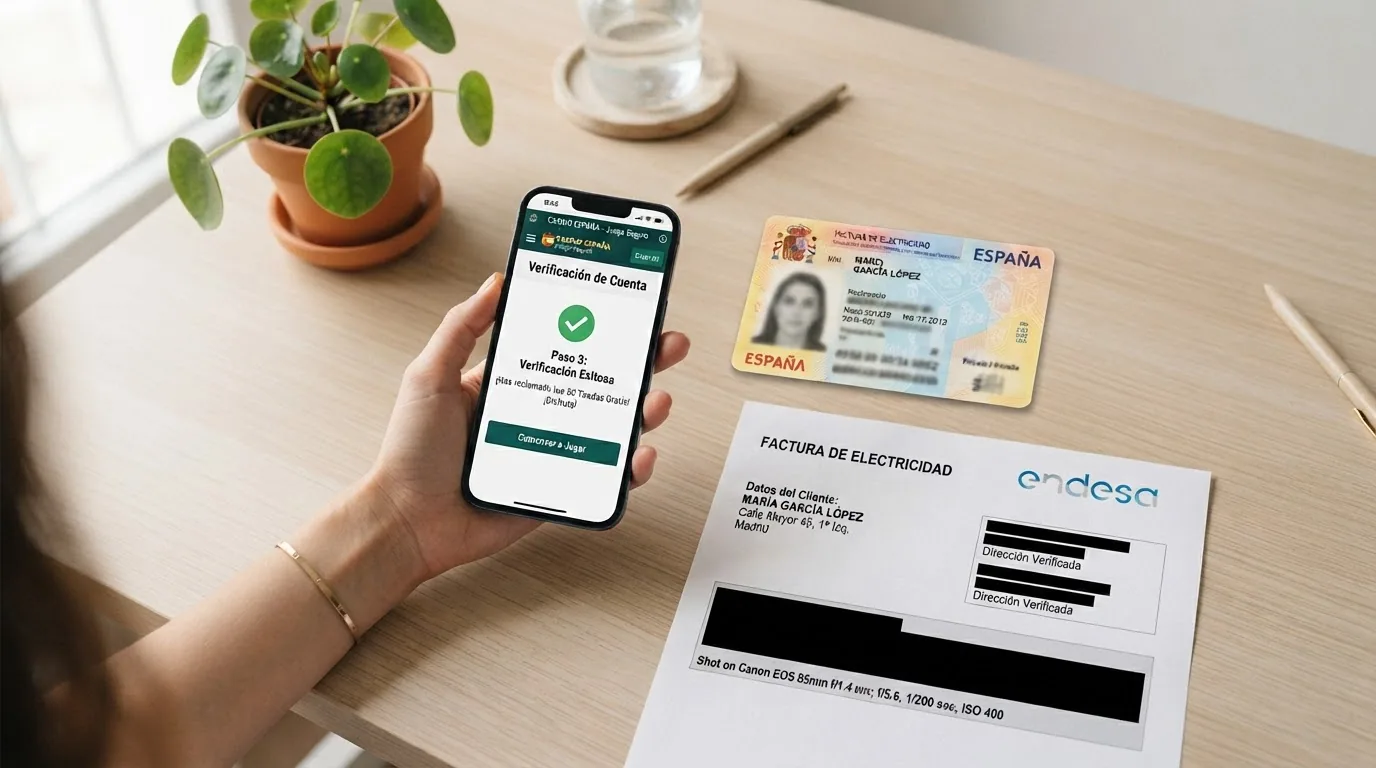 Diagrama del proceso de registro con verificación de identidad sobre fondo de casino