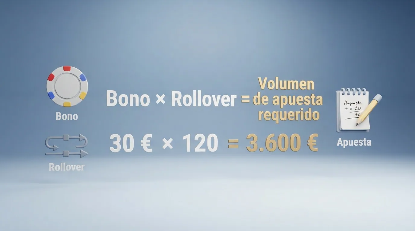 infografía simplificada que muestra la ecuación importe del bono × rollover = volumen real de apuesta requerido, con cifras de ejemplo