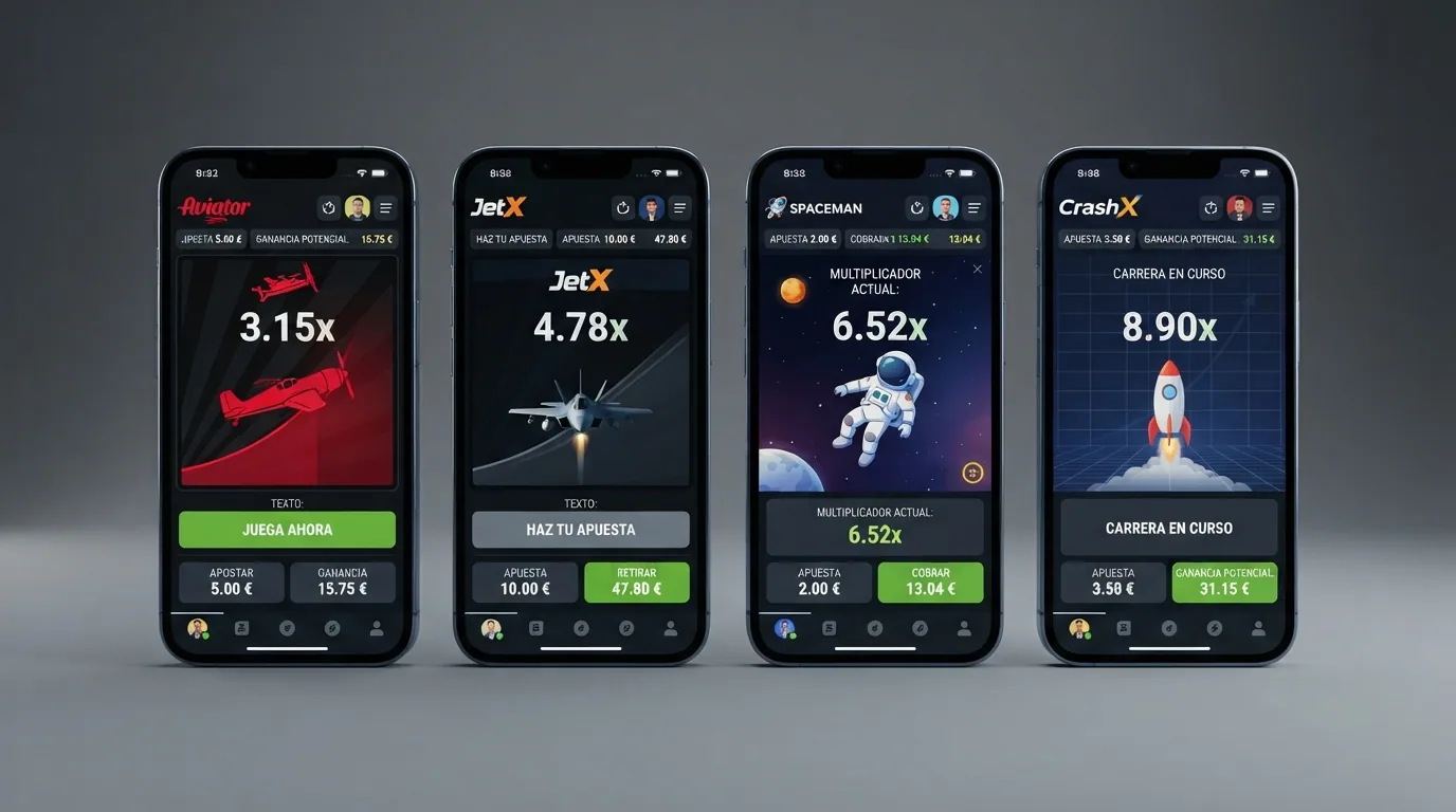 Interfaces de Aviator, JetX, Spaceman y Crash X una al lado de la otra