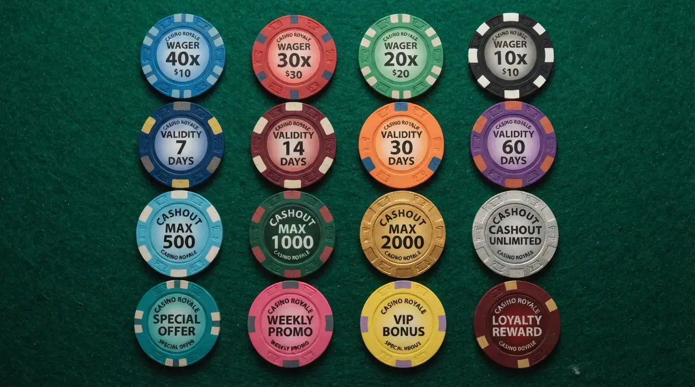 Una vista cenital de una tabla comparativa con fichas de casino sobre cada columna, simbolizando la comparación entre operadores