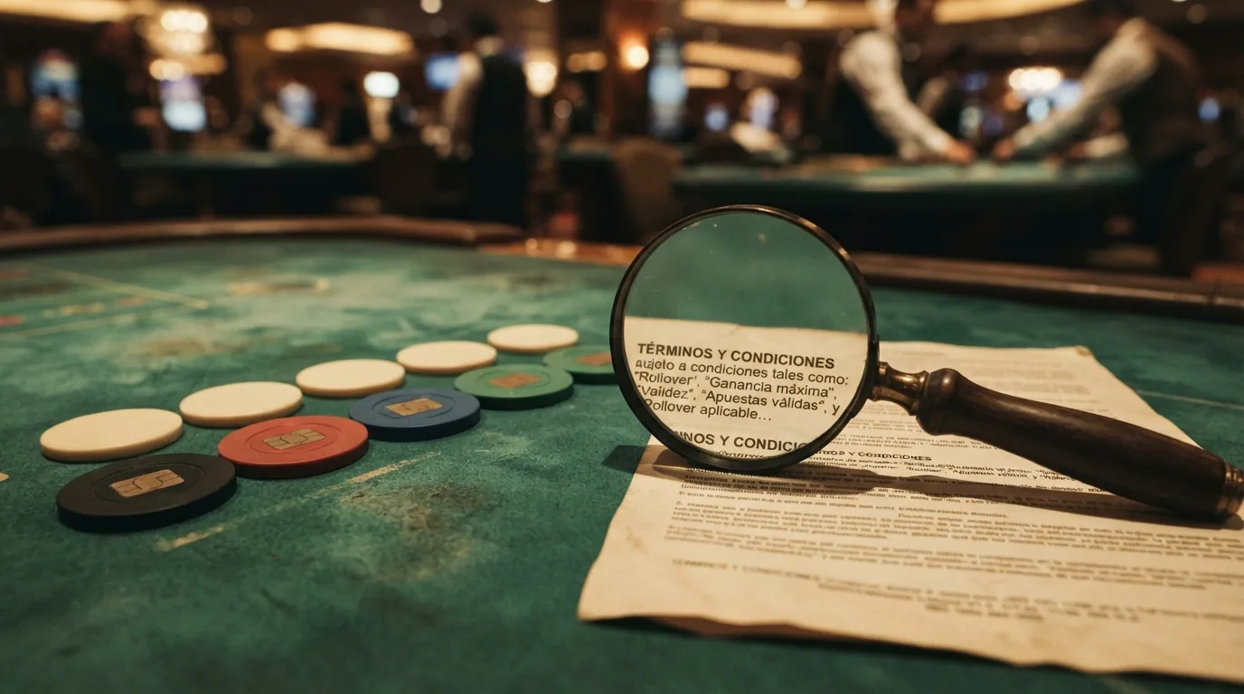 Varias fichas de casino con los logotipos de los operadores analizados alineadas sobre una mesa de juego verde con una lupa destacando las condiciones en letra pequeña