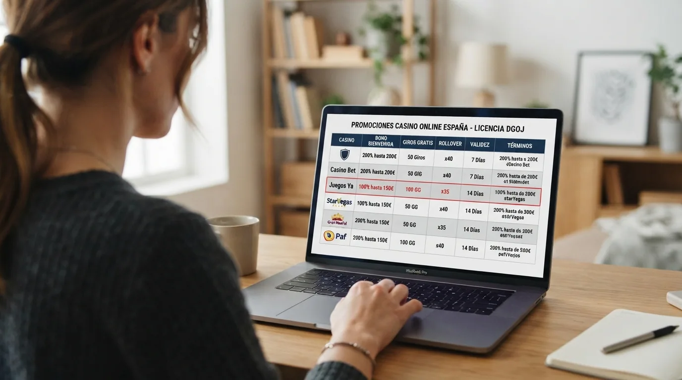 Portátil mostrando una tabla comparativa de casinos con licencia DGOJ