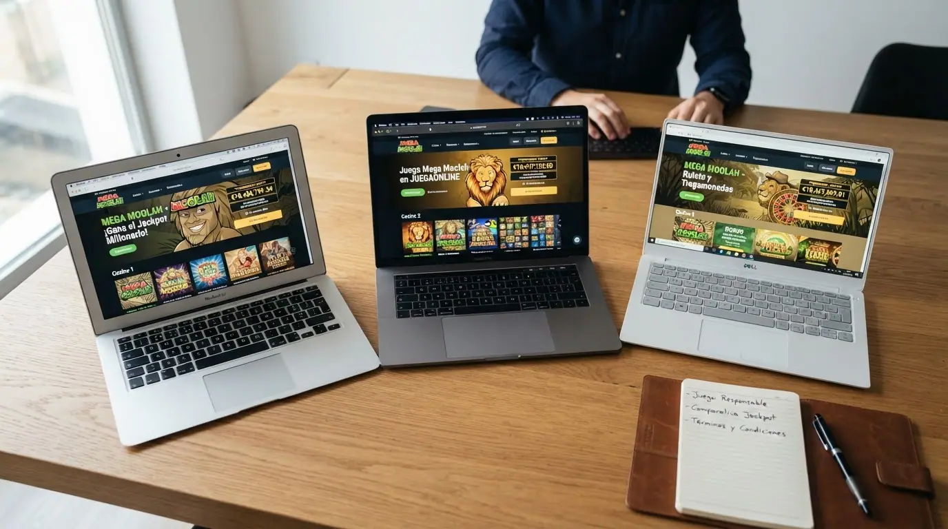 Vista comparativa de las paginas de inicio de varios casinos españoles con licencia DGOJ que incluyen Mega Moolah en su catalogo