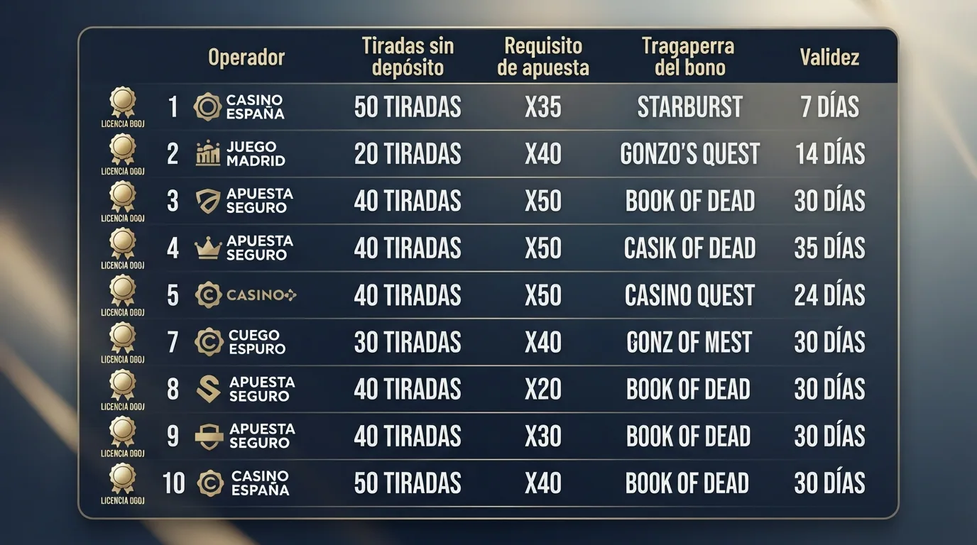 Una tabla estilizada con los logotipos de los 10 casinos revisados alineados en filas, con iconos de licencia DGOJ junto a cada uno