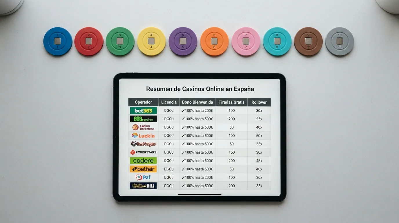 Vista comparativa de las fichas de los 10 casinos online analizados con sus bonos y condiciones