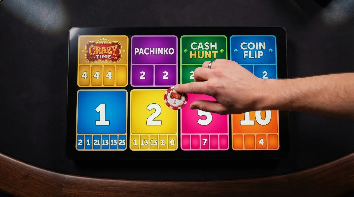 El panel de apuestas de Crazy Time con los 8 tipos de apuesta disponibles
