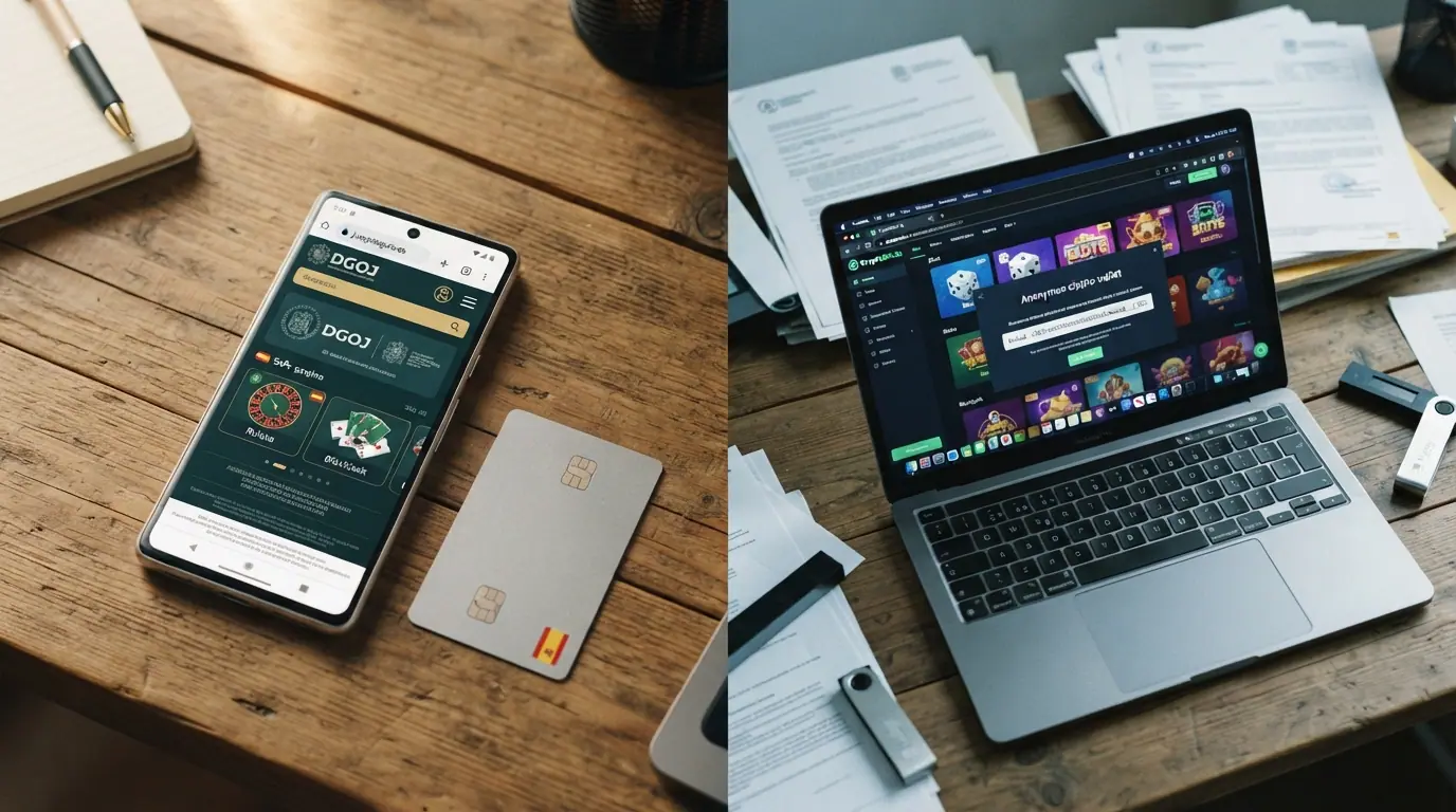 Contraste entre un casino regulado con sello DGOJ y una pantalla de criptocasino con dirección Bitcoin