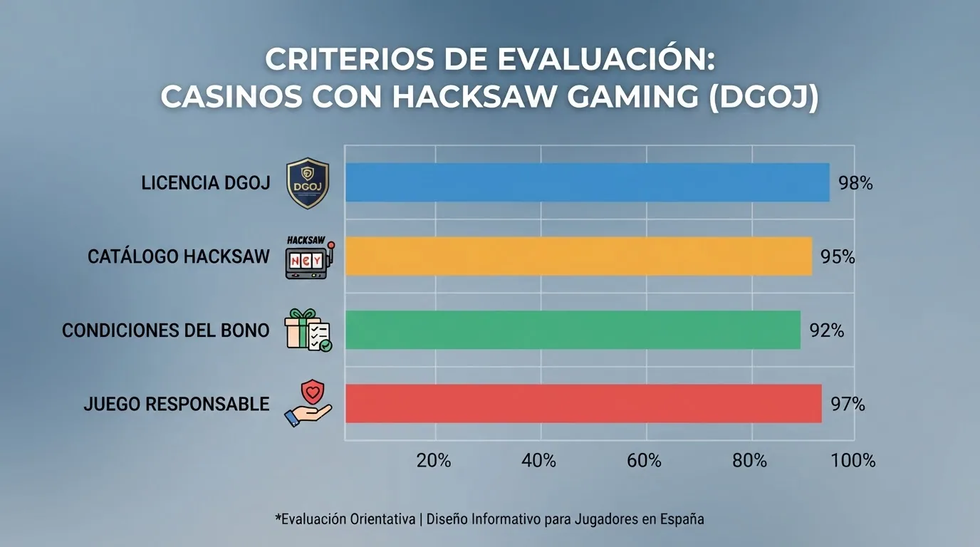 Infografía con los criterios de selección: licencia DGOJ, catálogo Hacksaw, condiciones del bono, juego responsable