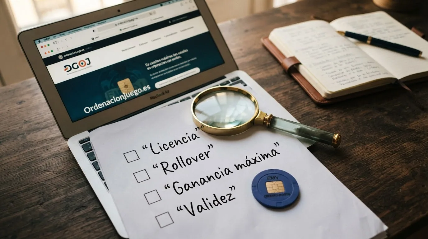 Una lupa sobre una lista de comprobación que incluye licencia, rollover, ganancia máxima y validez, con la web ordenacionjuego.es abierta en un portátil al fondo