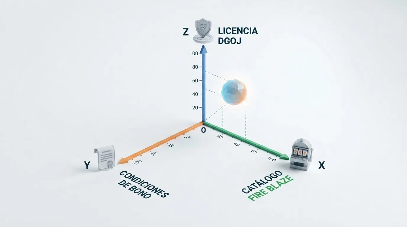Representación visual de los tres criterios de evaluación: licencia DGOJ, catálogo Fire Blaze y condiciones de bono