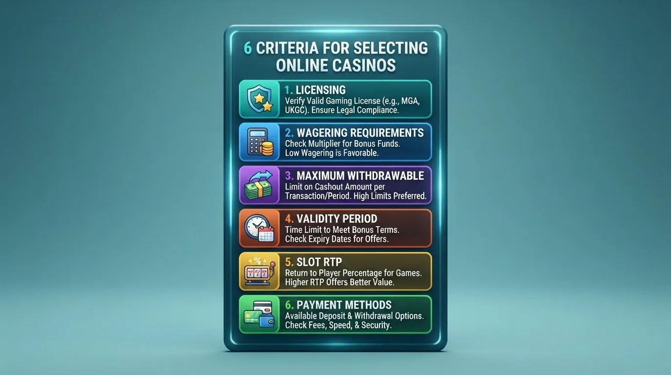 Lista visual con iconos de los criterios de evaluación: licencia, wagering, máximo retirable, validez y RTP de la slot