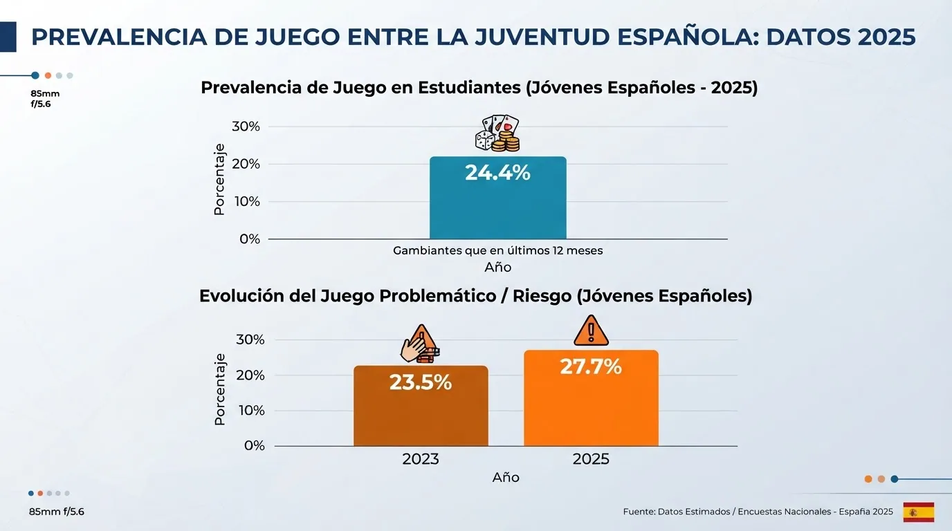Gráfico de barras con los datos de la encuesta ESTUDES 2025: porcentaje de estudiantes que han jugado y evolución del juego problemático online 2023-2025