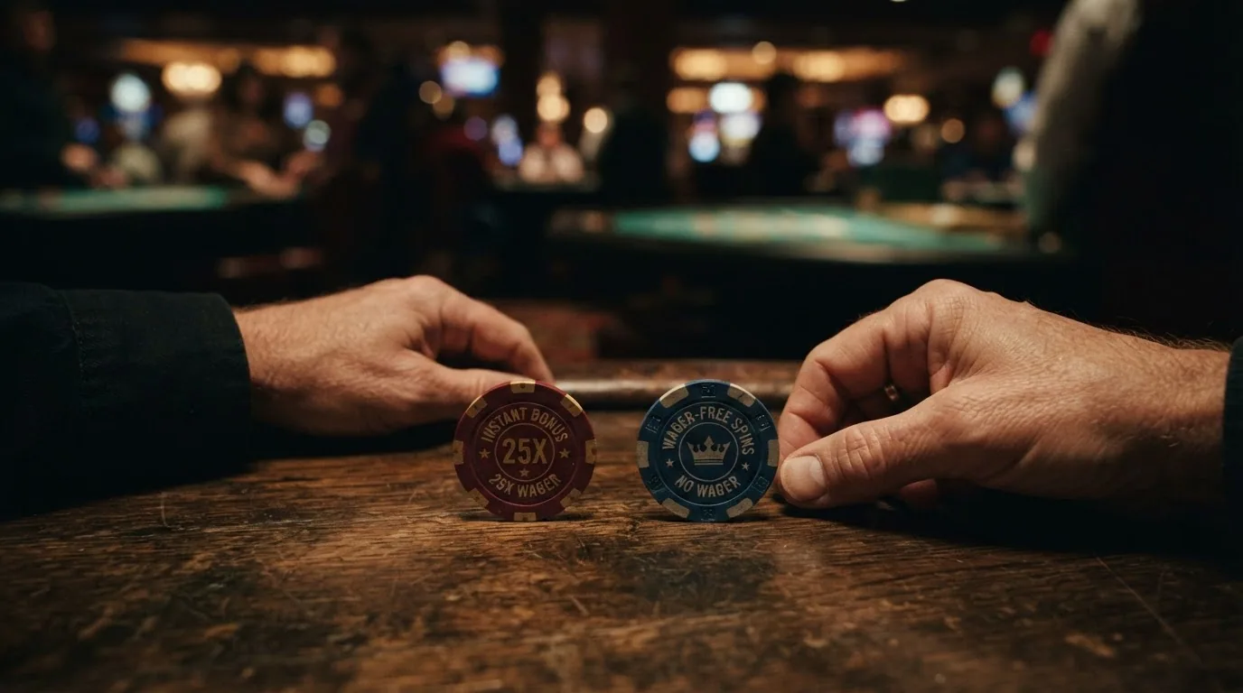 Un jugador ante dos caminos representados visualmente con dos fichas de distinto color y las condiciones de bono visibles en cada una