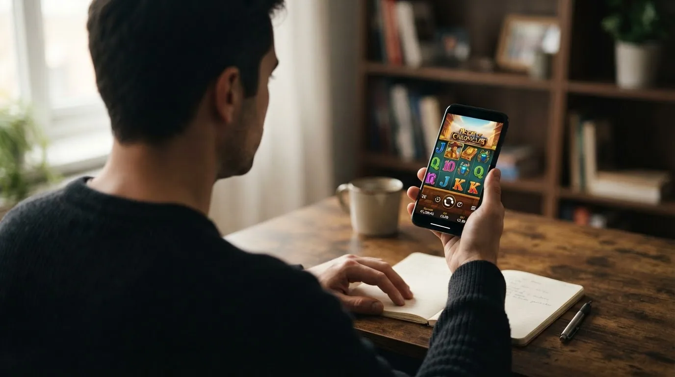 Jugador ante pantalla evaluando opciones de casino con actitud reflexiva