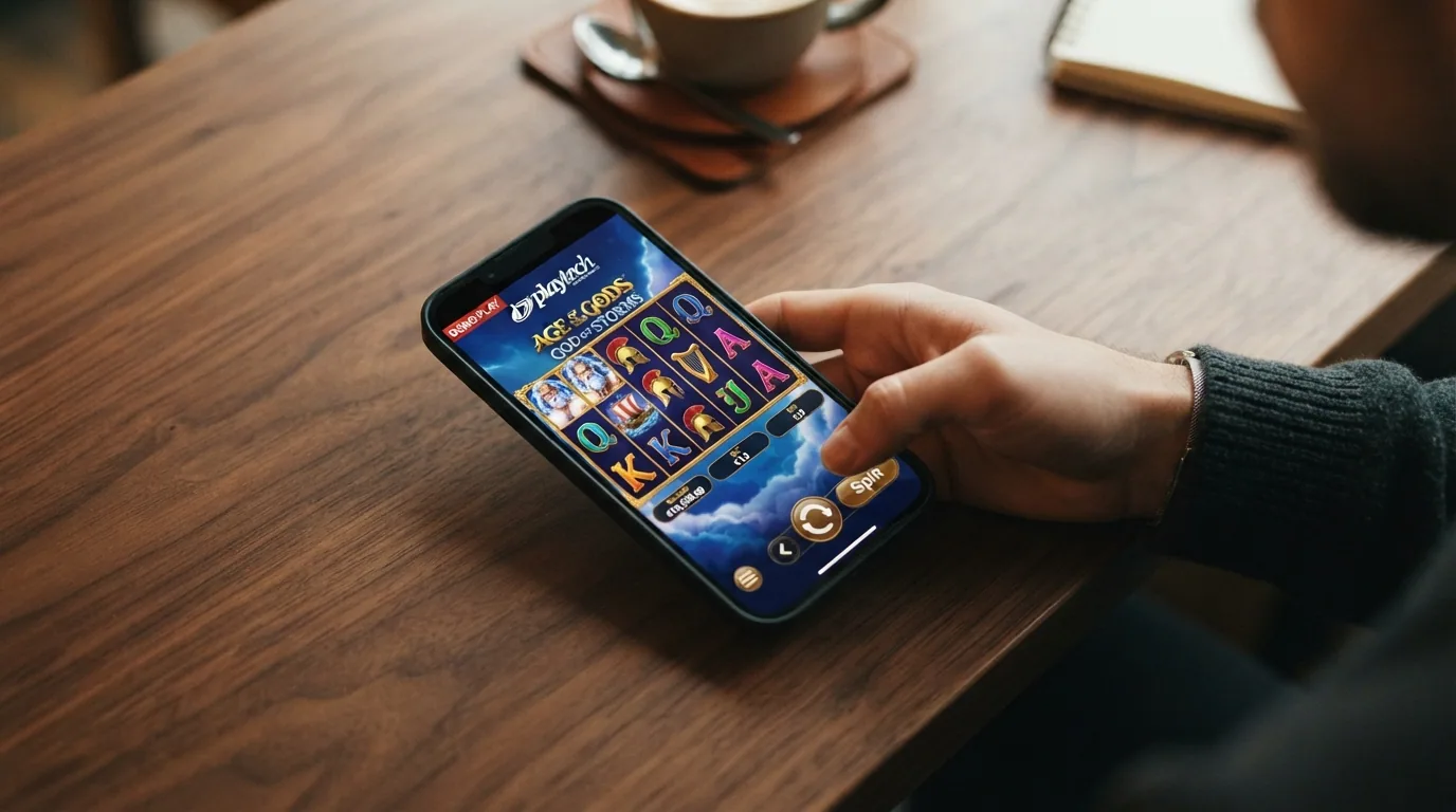Interfaz del modo demo de un slot de Playtech con saldo ficticio