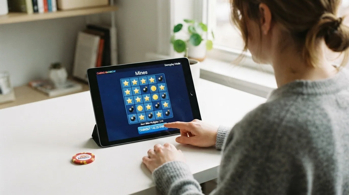 Pantalla del modo demo del Mines con fichas virtuales y la cuadrícula sin apostar