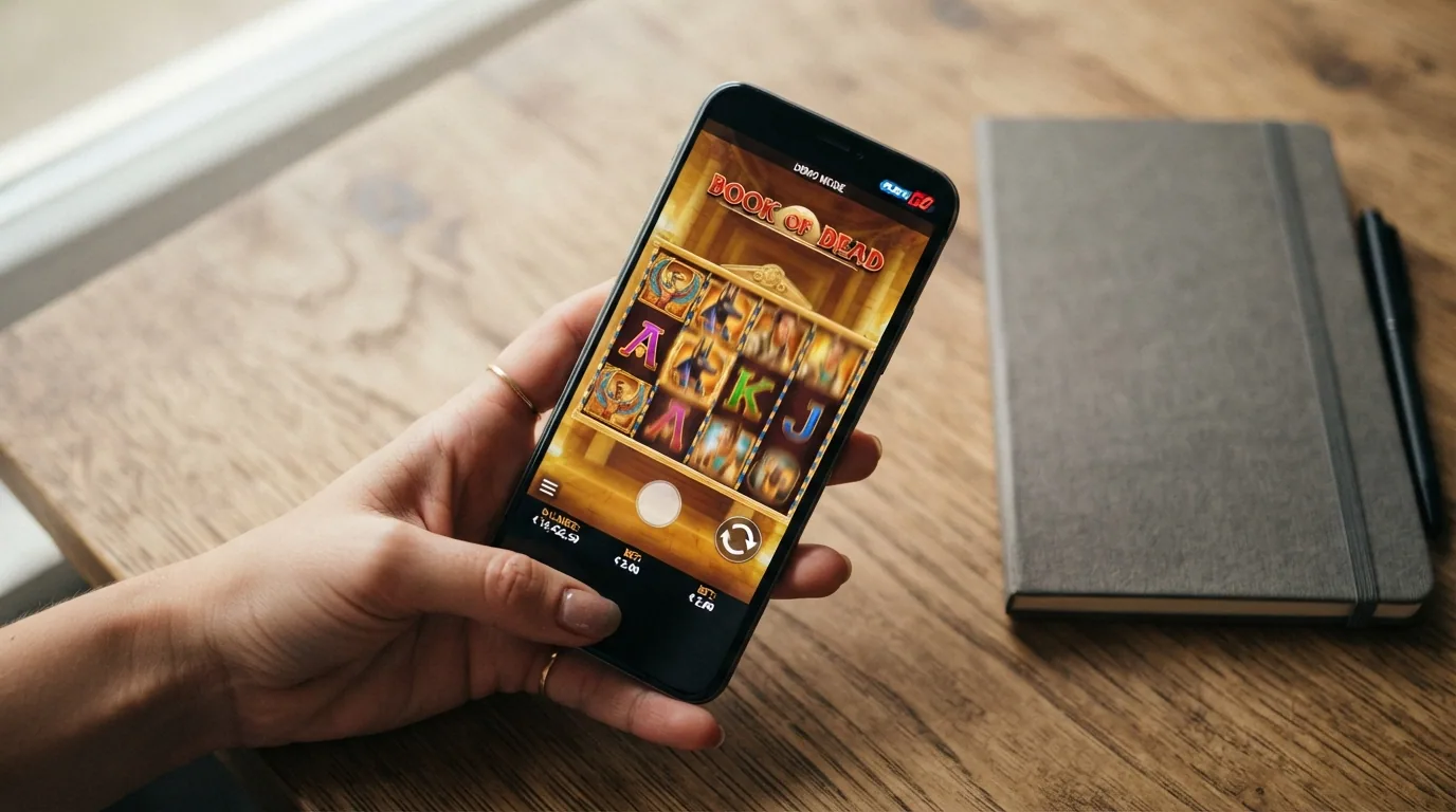 móvil mostrando una slot de Play'n GO en modo demo con créditos virtuales
