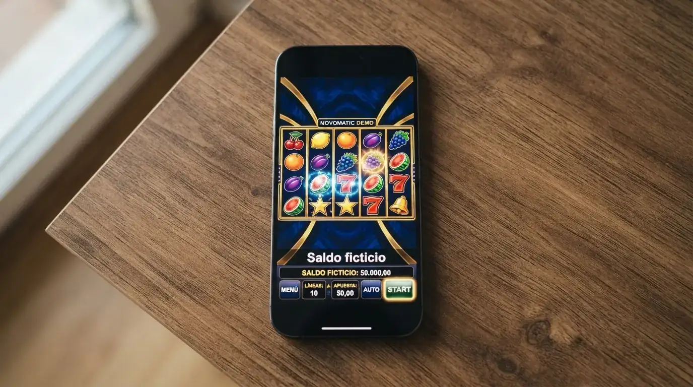 Interfaz de un slot Novomatic en modo demo con el contador de saldo ficticio visible y el botón de «jugar por diversión» resaltado