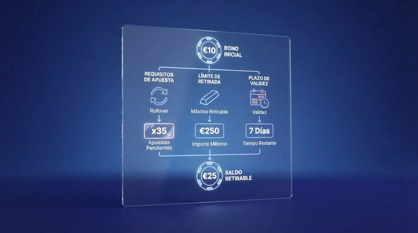 Representación visual del recorrido de un bono de 10€: el saldo inicial, la multiplicación por el rollover, el contador de apuestas pendientes y el máximo retirable