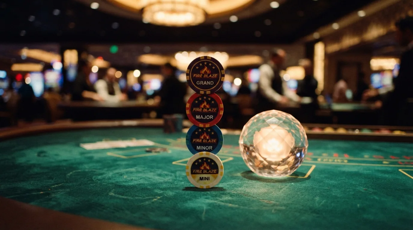 Los cuatro niveles de jackpot Fire Blaze en primer plano con fichas de casino al fondo