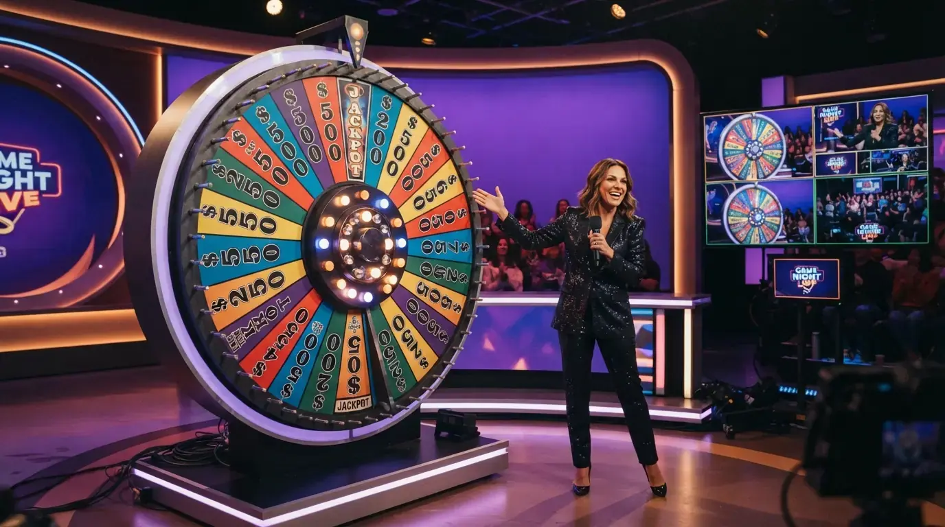 Estudio de game show en directo con la rueda de multiplicadores en primer plano