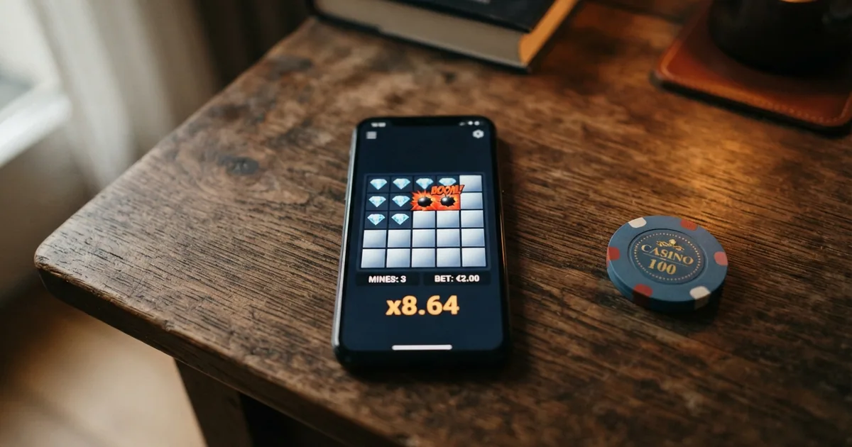 Tablero del juego Mines con su cuadrícula 5×5, minas, diamantes y el multiplicador activo en pantalla
