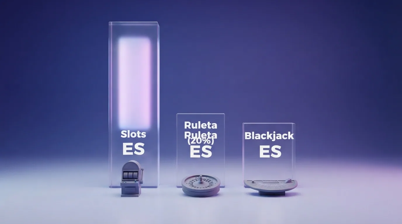 Cuadrícula con iconos de slots, ruleta y blackjack, donde los slots brillan al 100% y los demás muestran porcentajes menores de contribución al rollover
