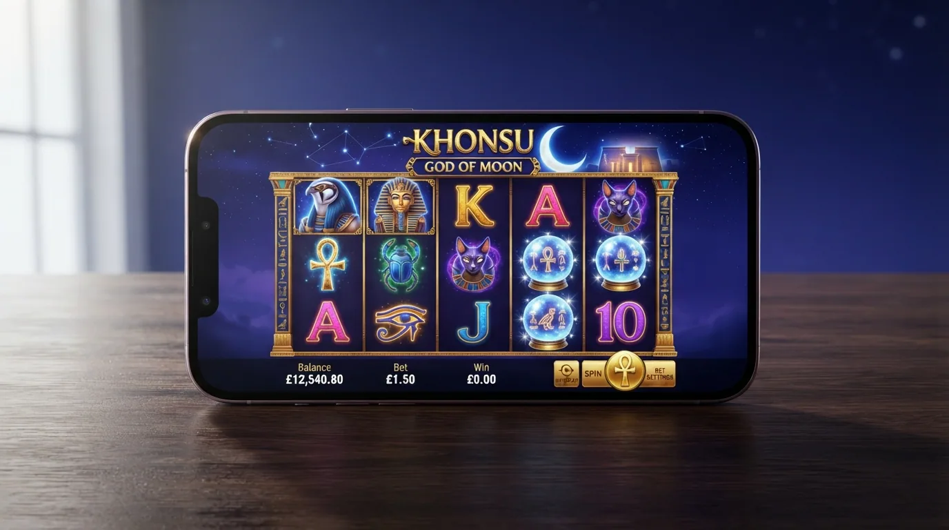 Pantalla de Khonsu God of Moon con la cuadrícula 5×3 y las bolas de cristal de bonificación visibles
