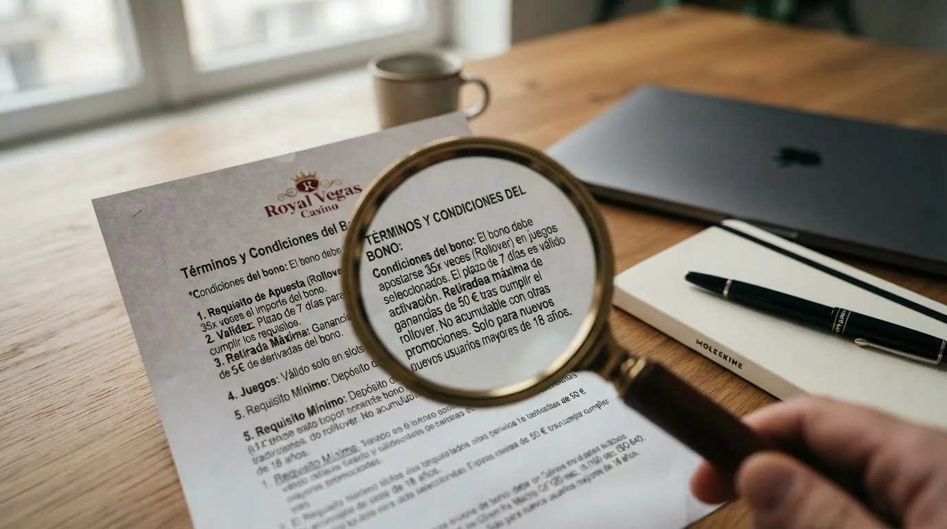 primer plano de unas condiciones de promoción con una lupa sobre los apartados de rollover, validez y retirada máxima